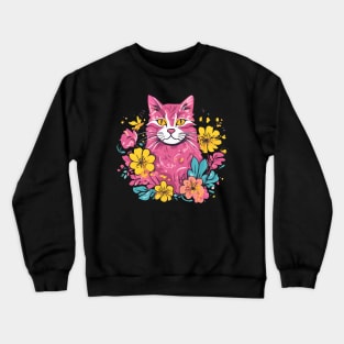 Pretty Pink Feline Floral Crewneck Sweatshirt